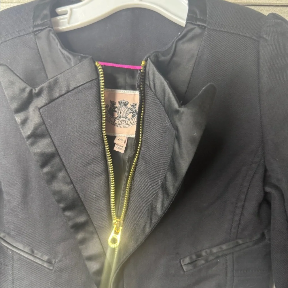 Juicy Couture Girls Black Blazer Jacket 4/5 Satin Trim Gold Zip Dressy Kids Coat